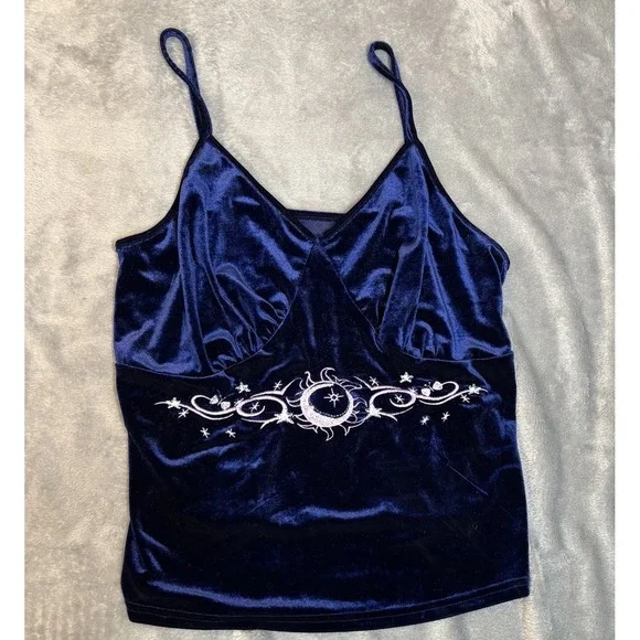 Y2K Blue Velvet Camisole Women's Small Y2K Tank Top Moon Star Whimsygoth Witchy - Picture 4 of 7